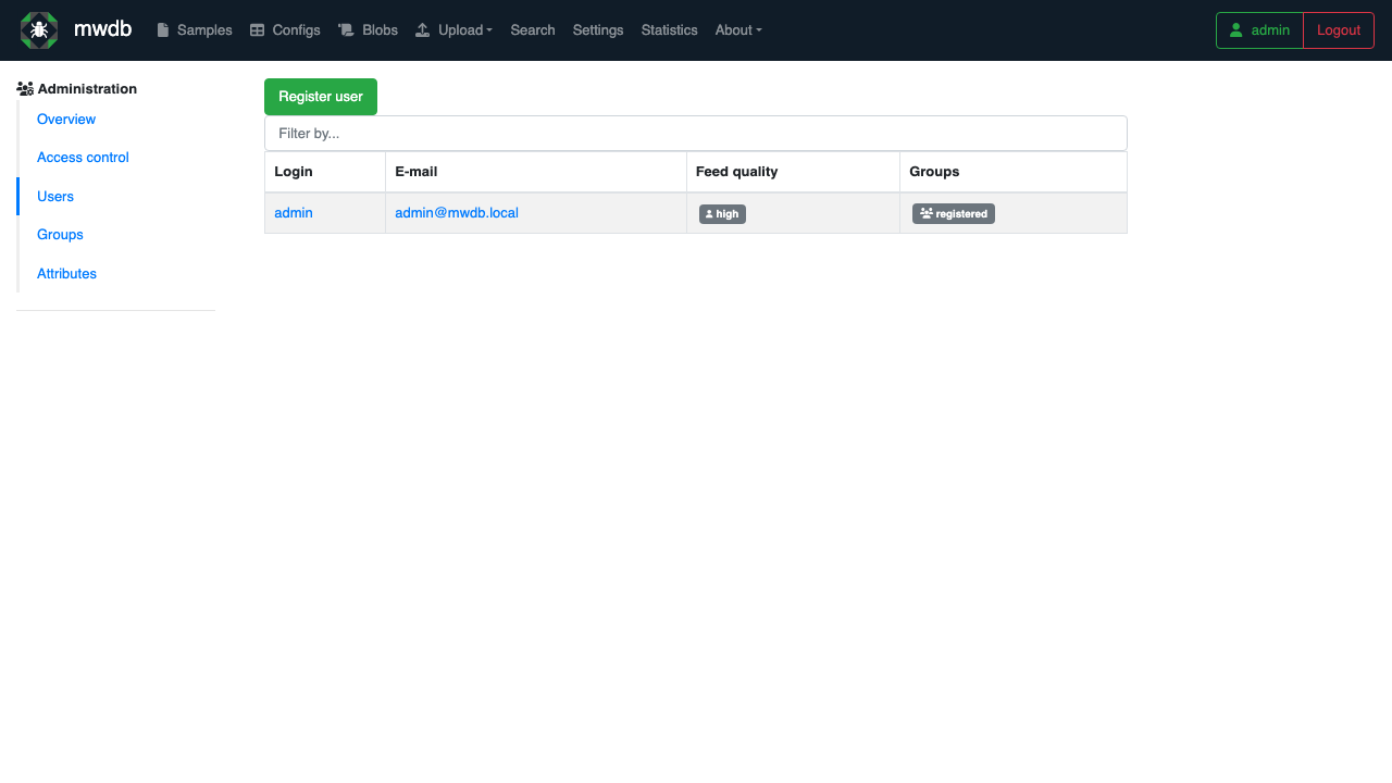 Settings: user management, listing the per instance administrator and the Register user action, with access control, groups and attributes in the sidebar