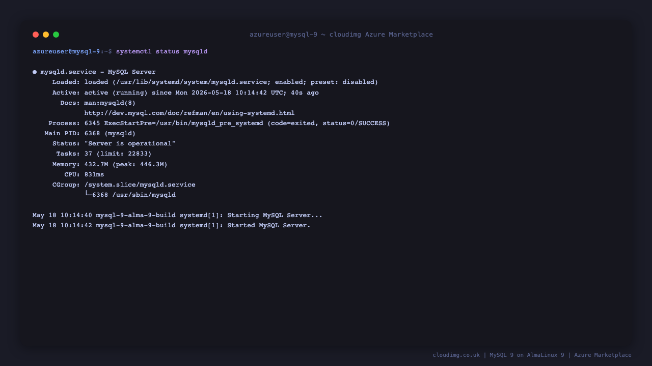 mysqld.service active and running on the AlmaLinux 9 VM with PID and journal lines