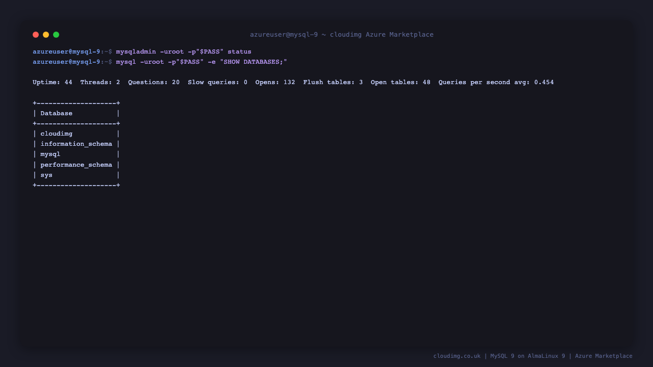 mysqladmin status line + SHOW DATABASES listing cloudimg / information_schema / mysql / performance_schema / sys