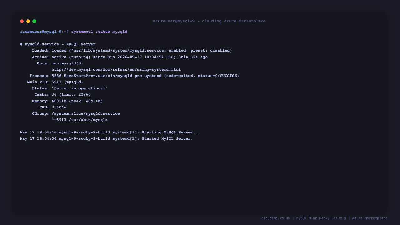 mysqld.service active and running on the Rocky Linux 9 VM with PID and journal lines