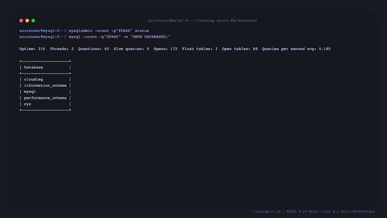 mysqladmin status line + SHOW DATABASES listing cloudimg / information_schema / mysql / performance_schema / sys