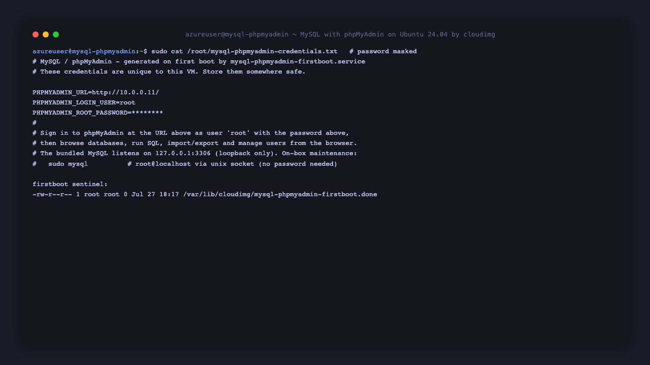 The per VM MySQL credentials file, showing the login user root, the generated password and the phpMyAdmin URL