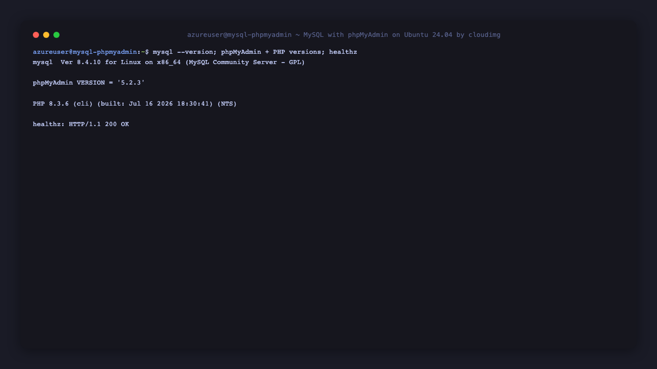 The MySQL 8.4 version, phpMyAdmin 5.2.3 and PHP 8.3 versions, and the healthz endpoint returning 200
