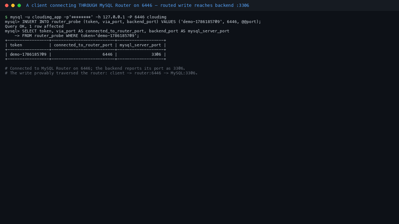 A client connecting through MySQL Router on port 6446, with the routed write reaching the backend MySQL server on port 3306