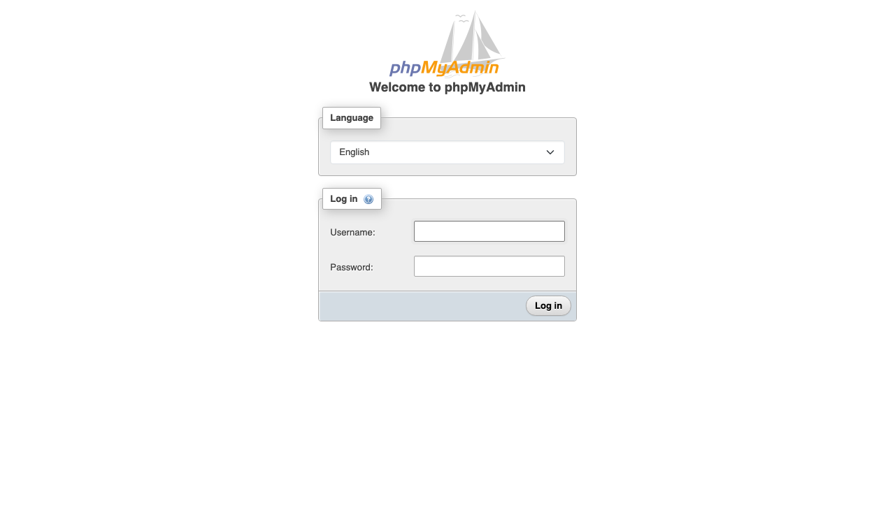 The phpMyAdmin login page with the language selector, the Username and Password fields and the Log in button
