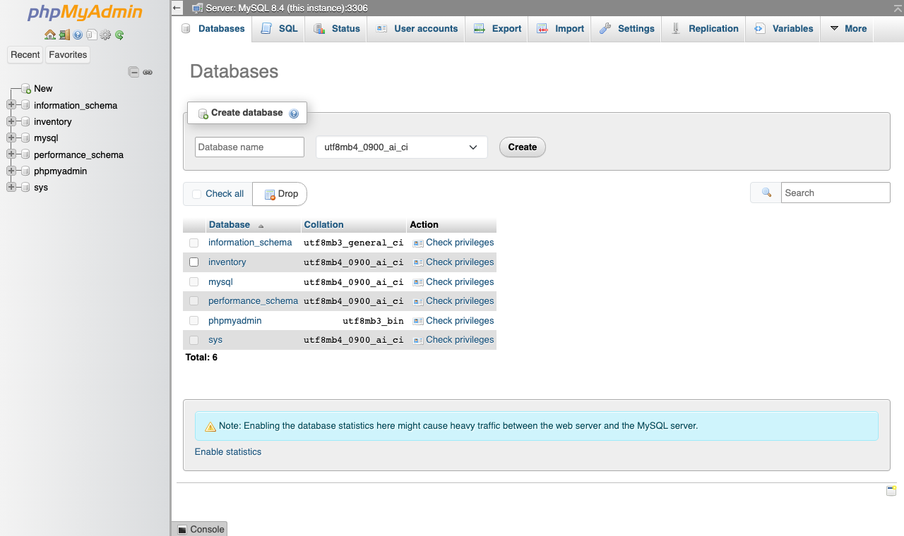 The Databases page with the Create database form and the list of databases with their collations, including an example inventory database