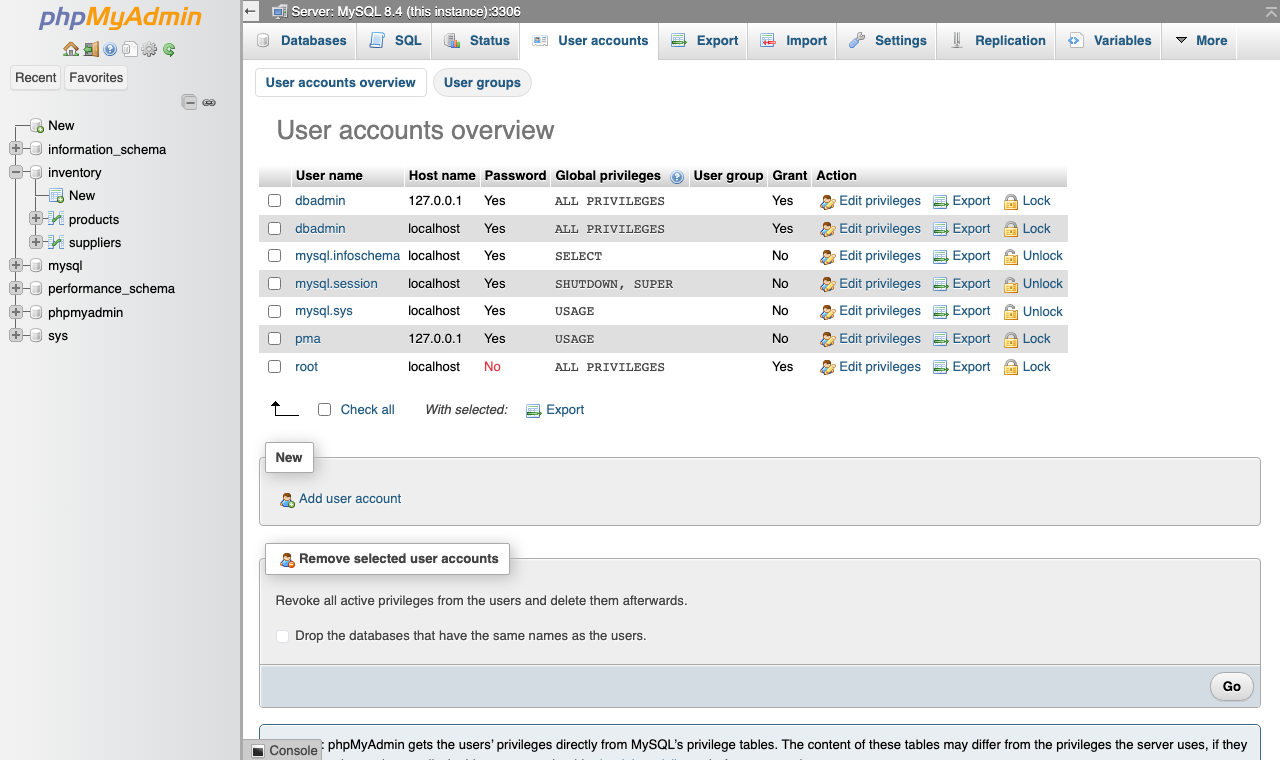 The User accounts overview listing dbadmin for 127.0.0.1 and localhost, the locked mysql.infoschema, mysql.session and mysql.sys system accounts, pma for 127.0.0.1 and root for localhost with no password
