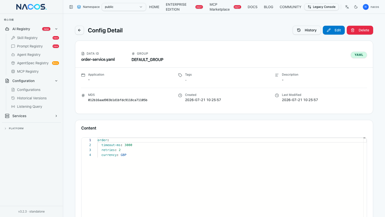A Nacos configuration detail view showing stored YAML content