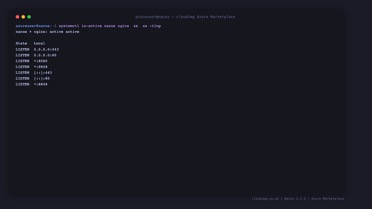 systemctl reports the nacos and nginx services both active, and ss shows the Nacos server listening on ports 8848, 9848 and 8080 with nginx public on 80 and 443