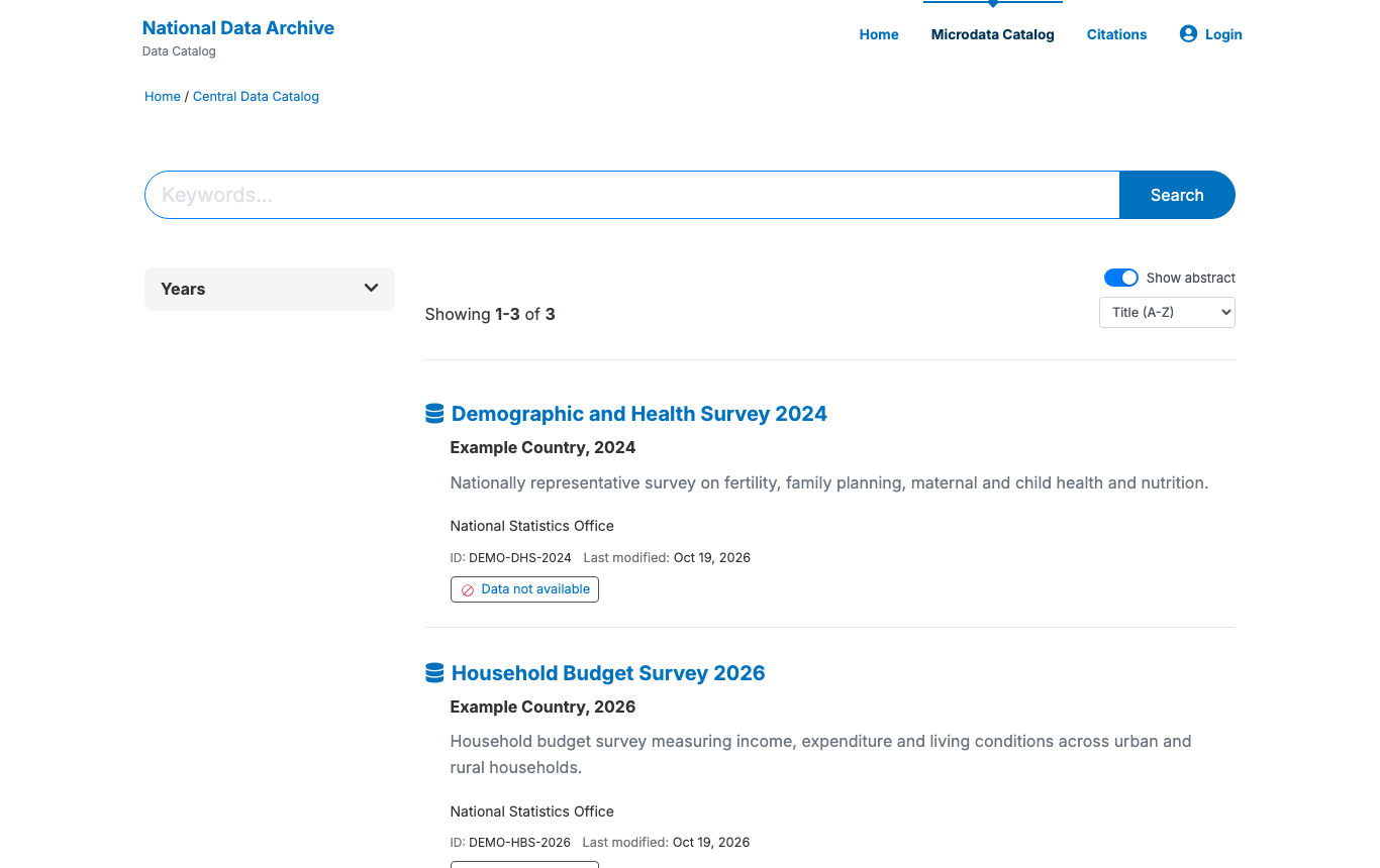 The public NADA Microdata Catalog listing three example studies with their country, year, abstract and producer