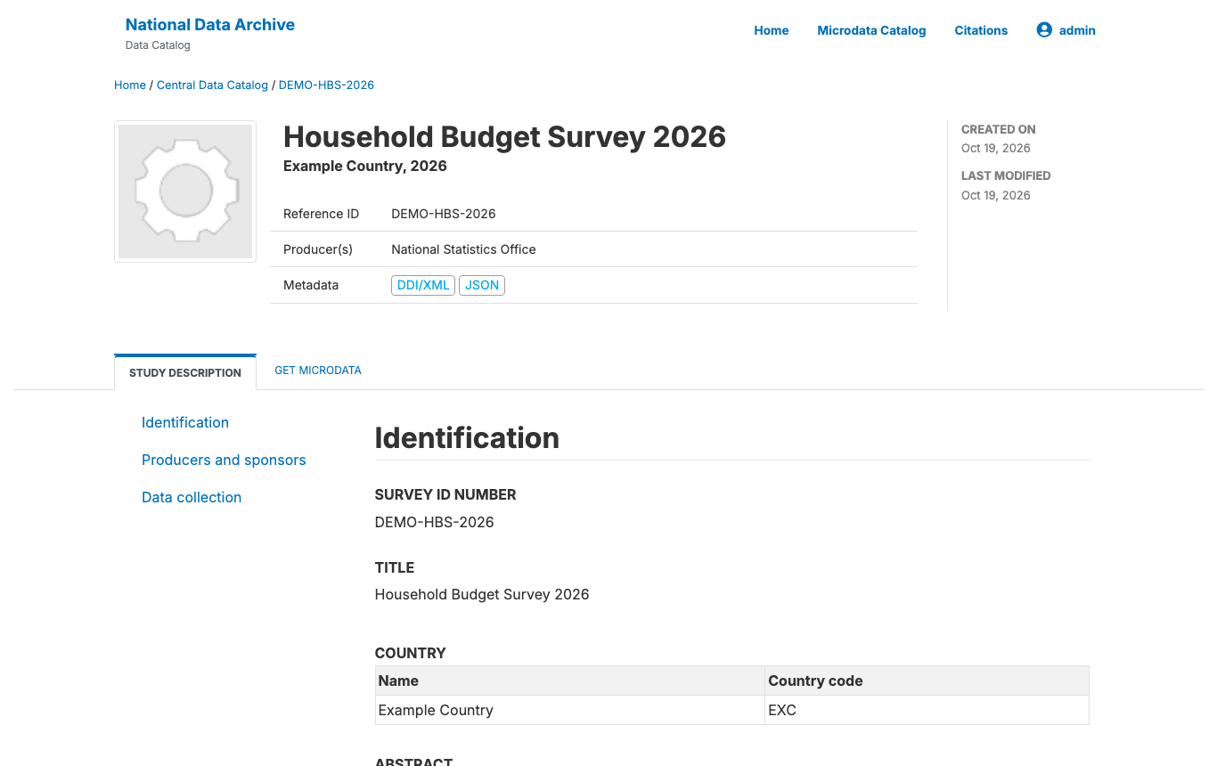 A NADA study page for the Household Budget Survey 2026 with its reference ID, producer, DDI/XML and JSON metadata links and the Identification section