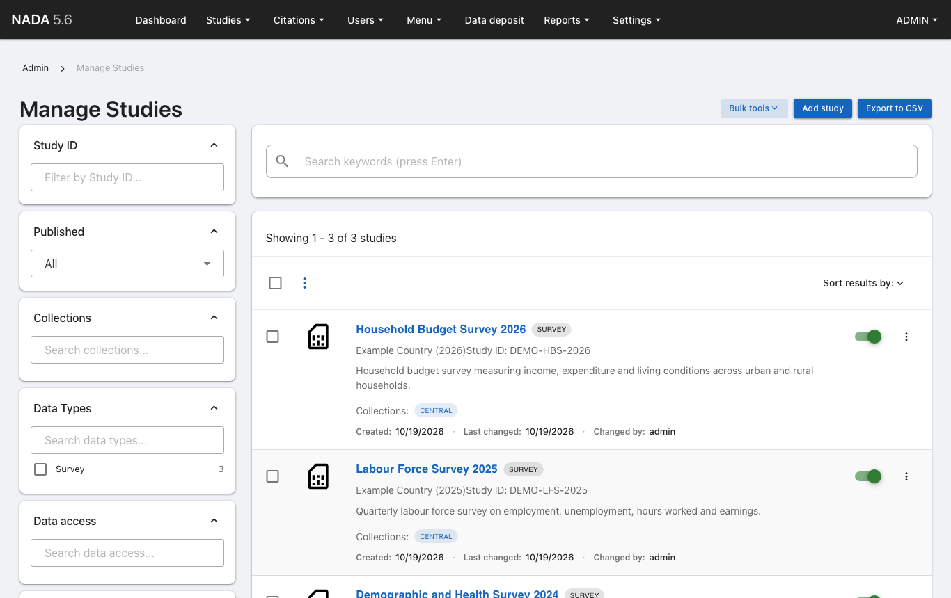 The NADA Manage Studies page with filters for study ID, publication state, collections and data types, and the list of studies with their publish switches