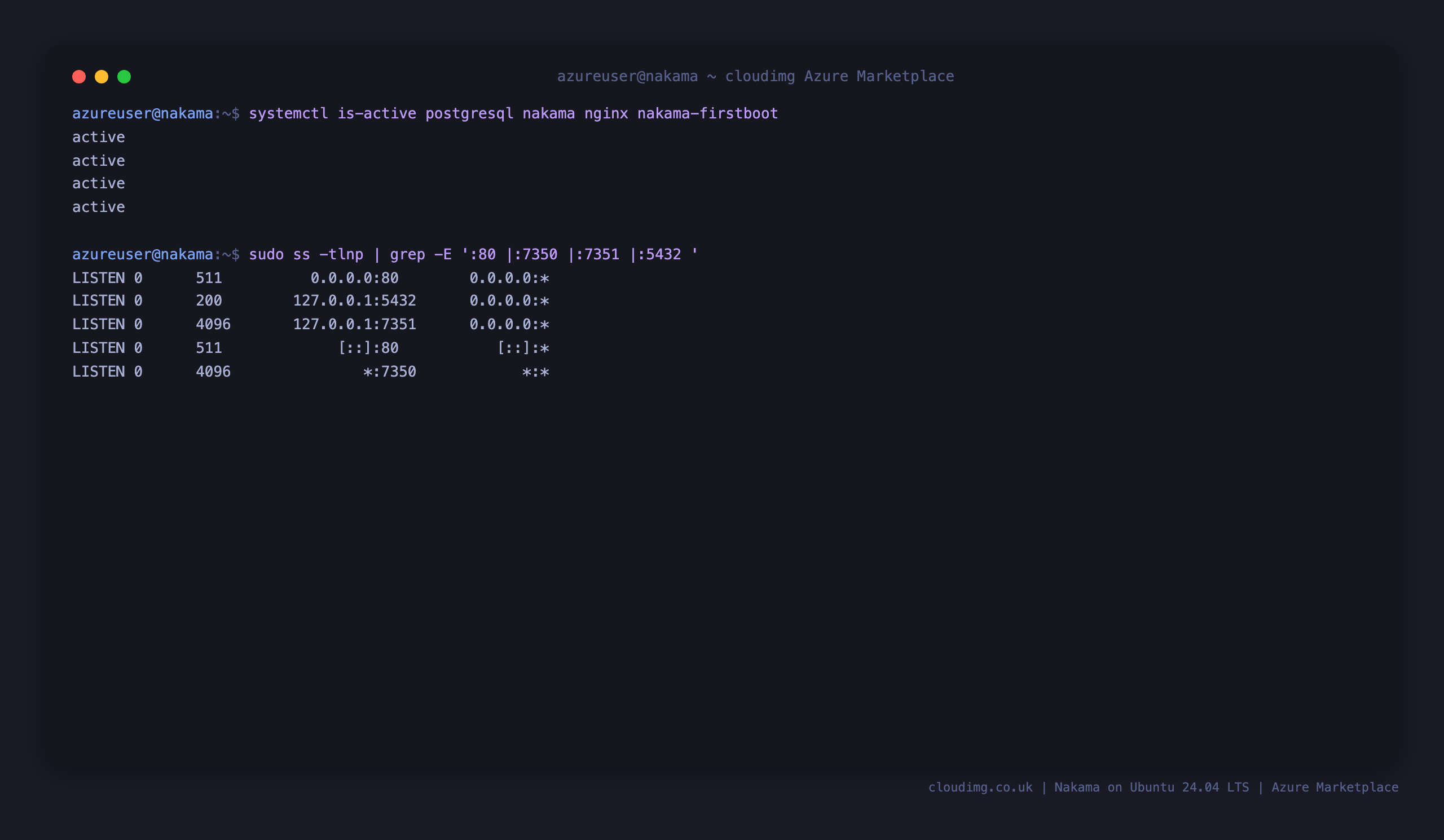 postgresql, nakama, nginx and nakama-firstboot active, with the Console on loopback 7351 and PostgreSQL on loopback 5432, while only nginx on port 80 and the client API on port 7350 are public