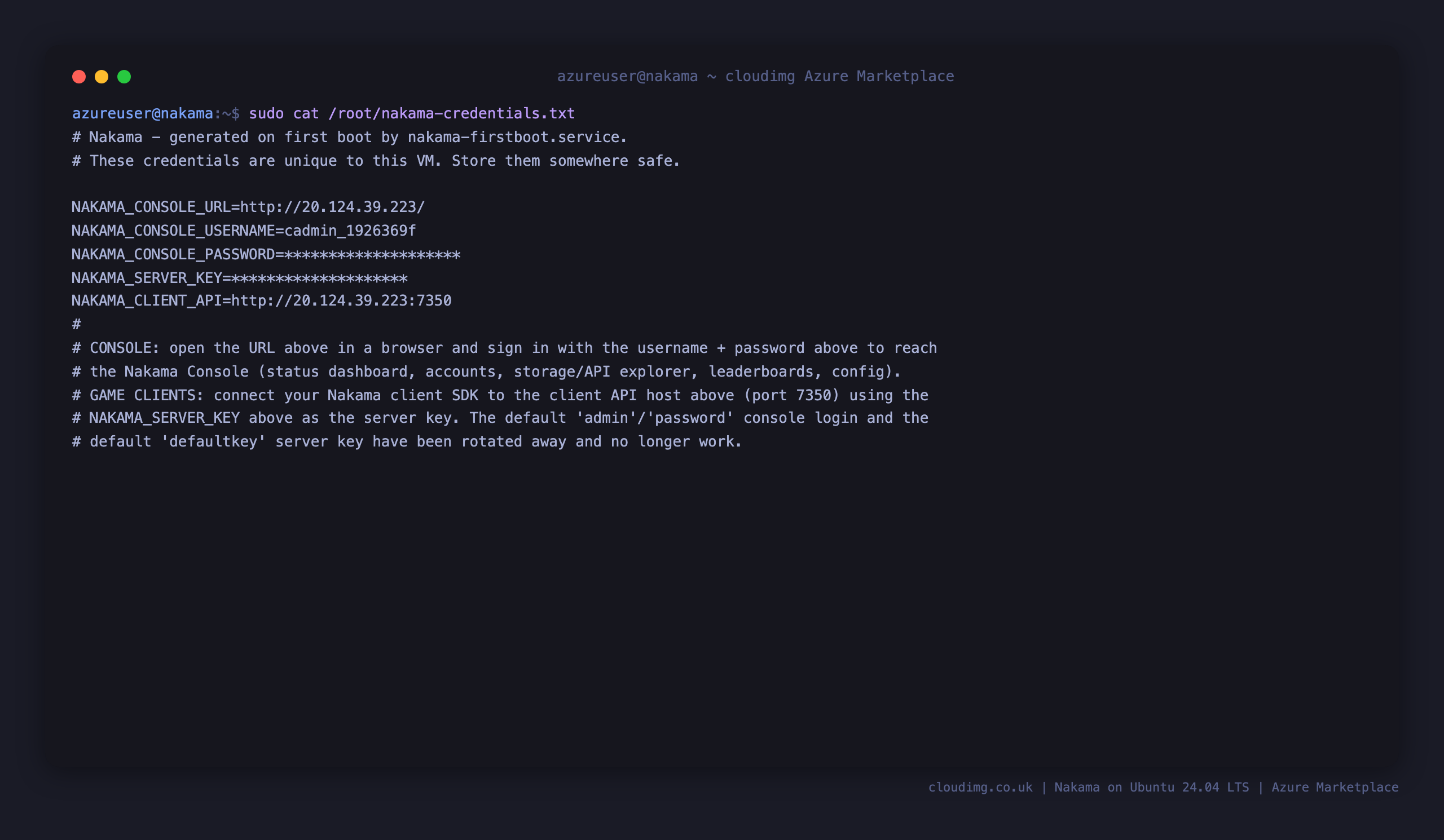 The per-VM Nakama credentials file, with the Console URL, username, and a masked Console password and server key