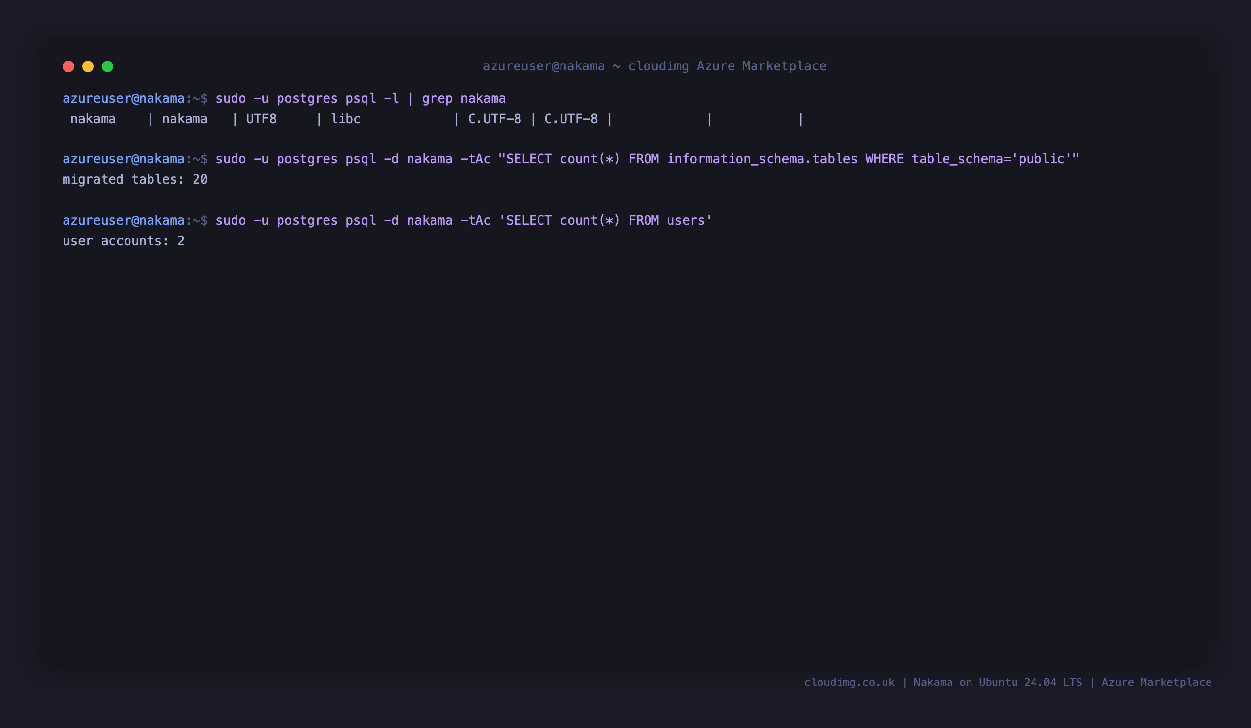 The nakama PostgreSQL database with its migrated schema tables and the users table