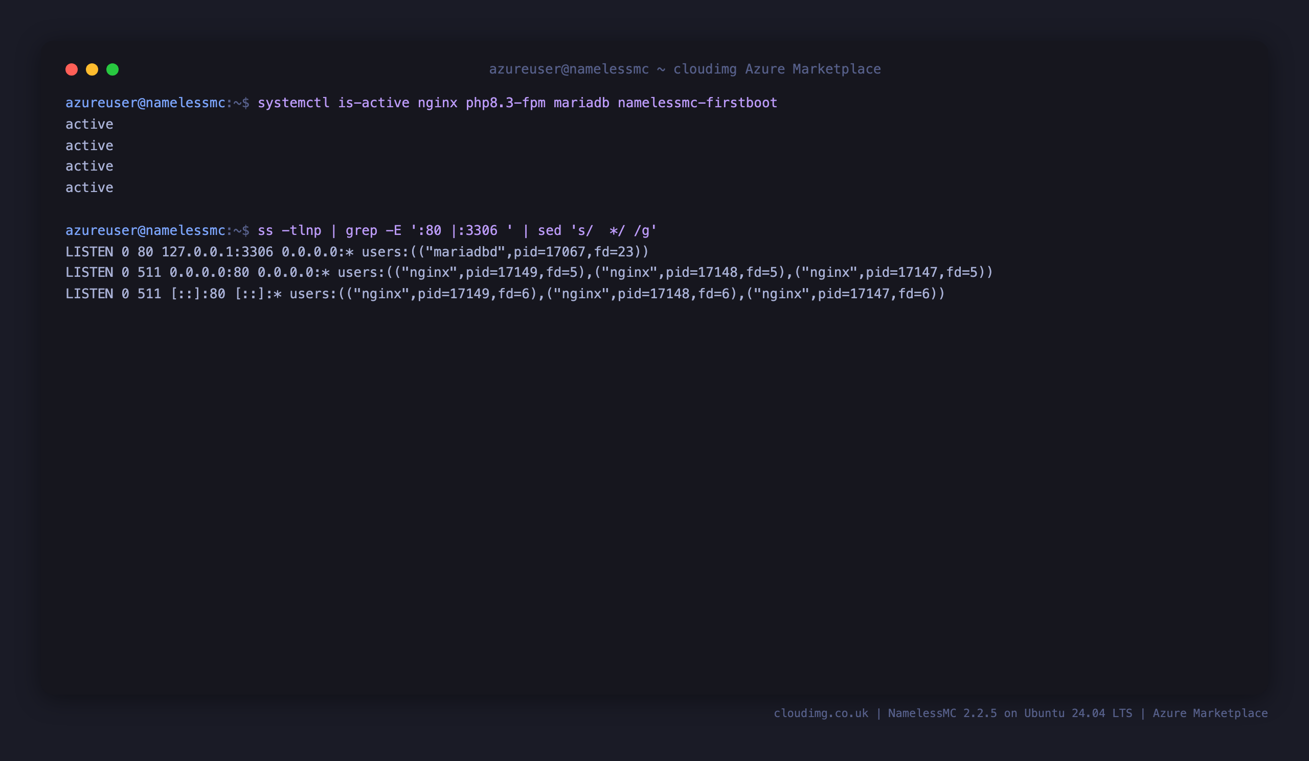 The nginx, php8.3-fpm, mariadb and namelessmc-firstboot services active, with nginx listening on port 80 and MariaDB bound to loopback 127.0.0.1:3306