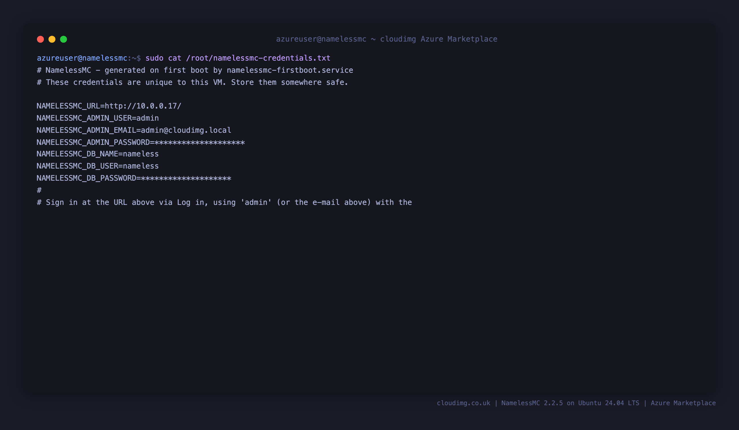 The per VM NamelessMC credentials file showing the site URL, the administrator user and e-mail, and the masked administrator and database passwords