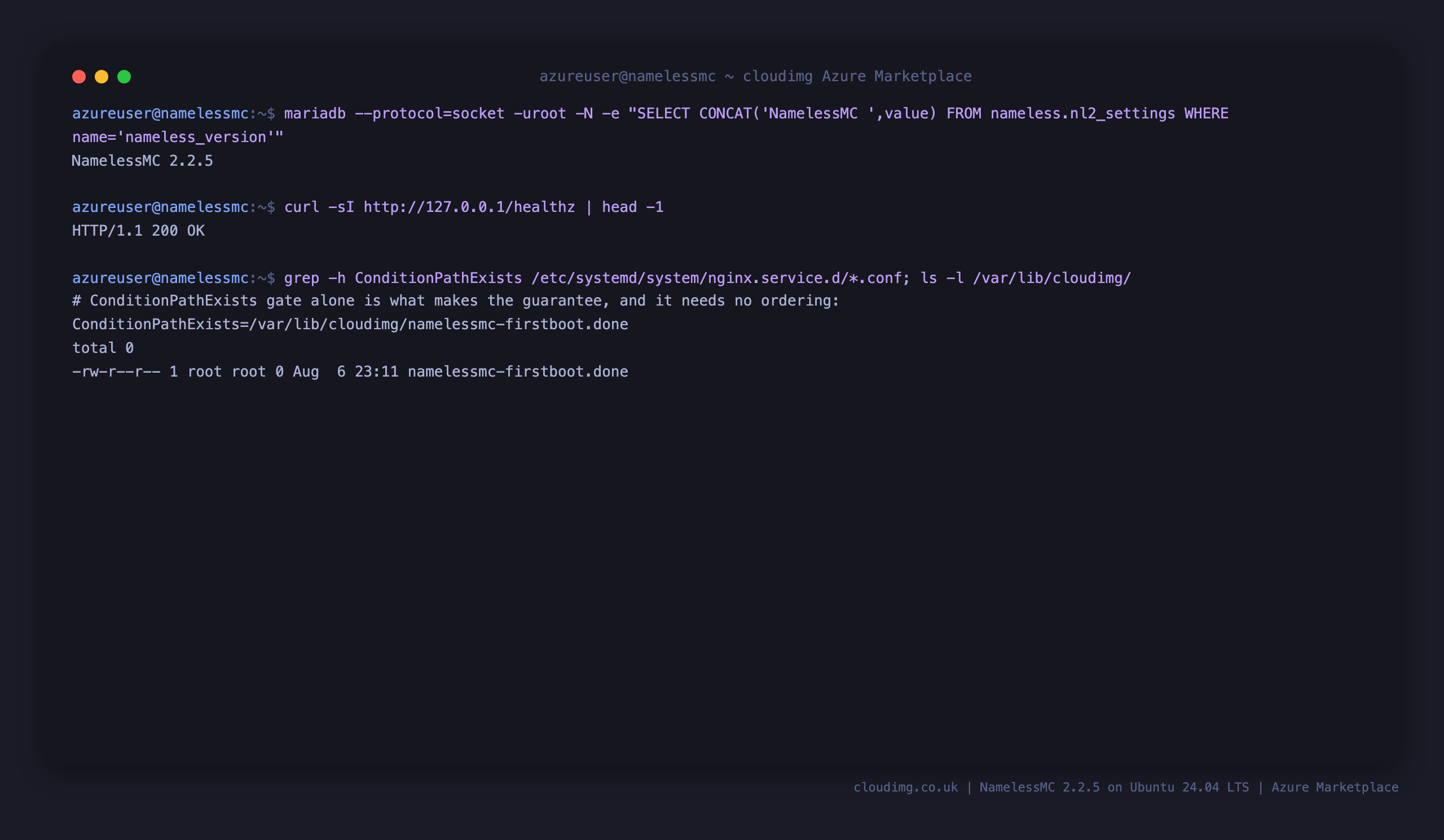 The NamelessMC version reported as 2.2.5, the healthz endpoint returning HTTP 200, the nginx ConditionPathExists gate on the first boot sentinel, and the sentinel file present in /var/lib/cloudimg