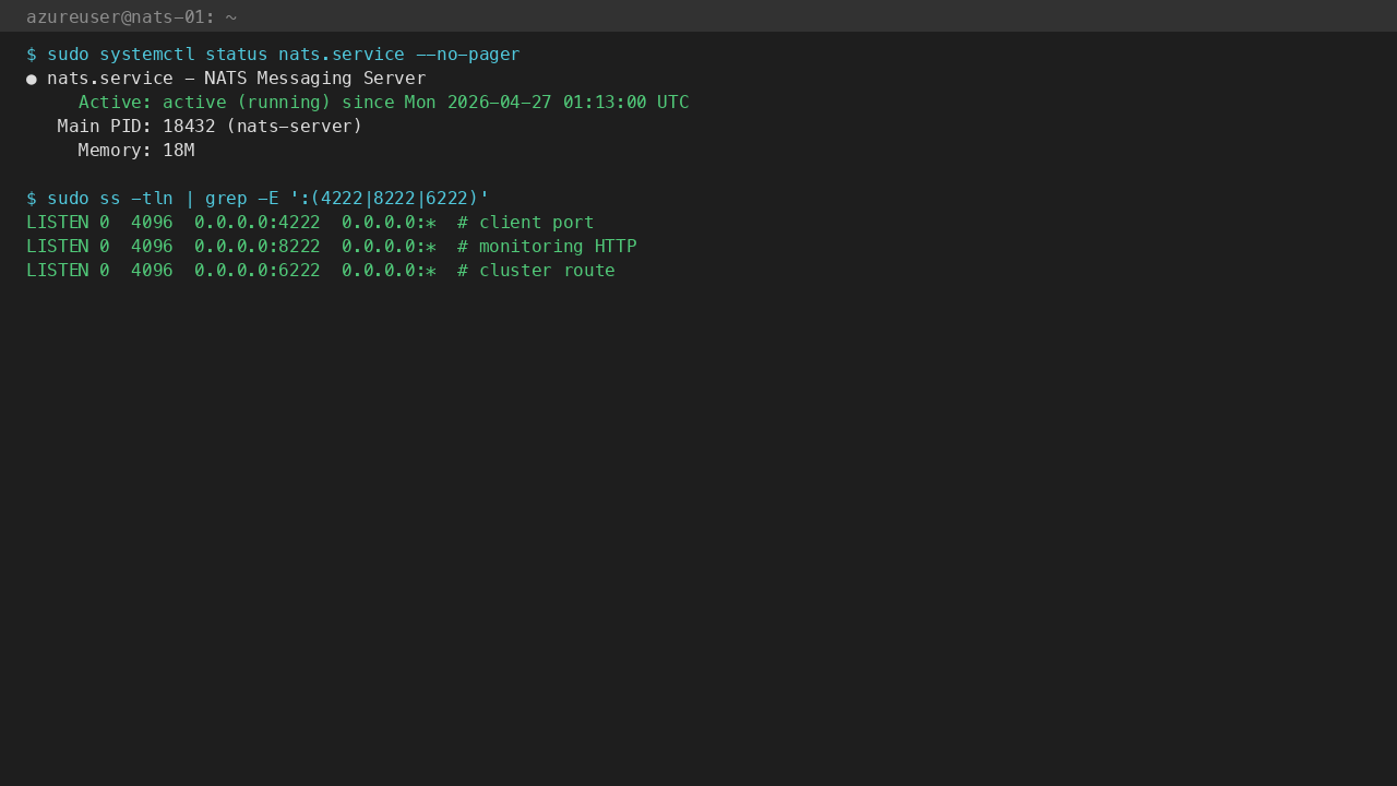 nats.service active (running) with client port 4222, monitoring 8222, cluster 6222