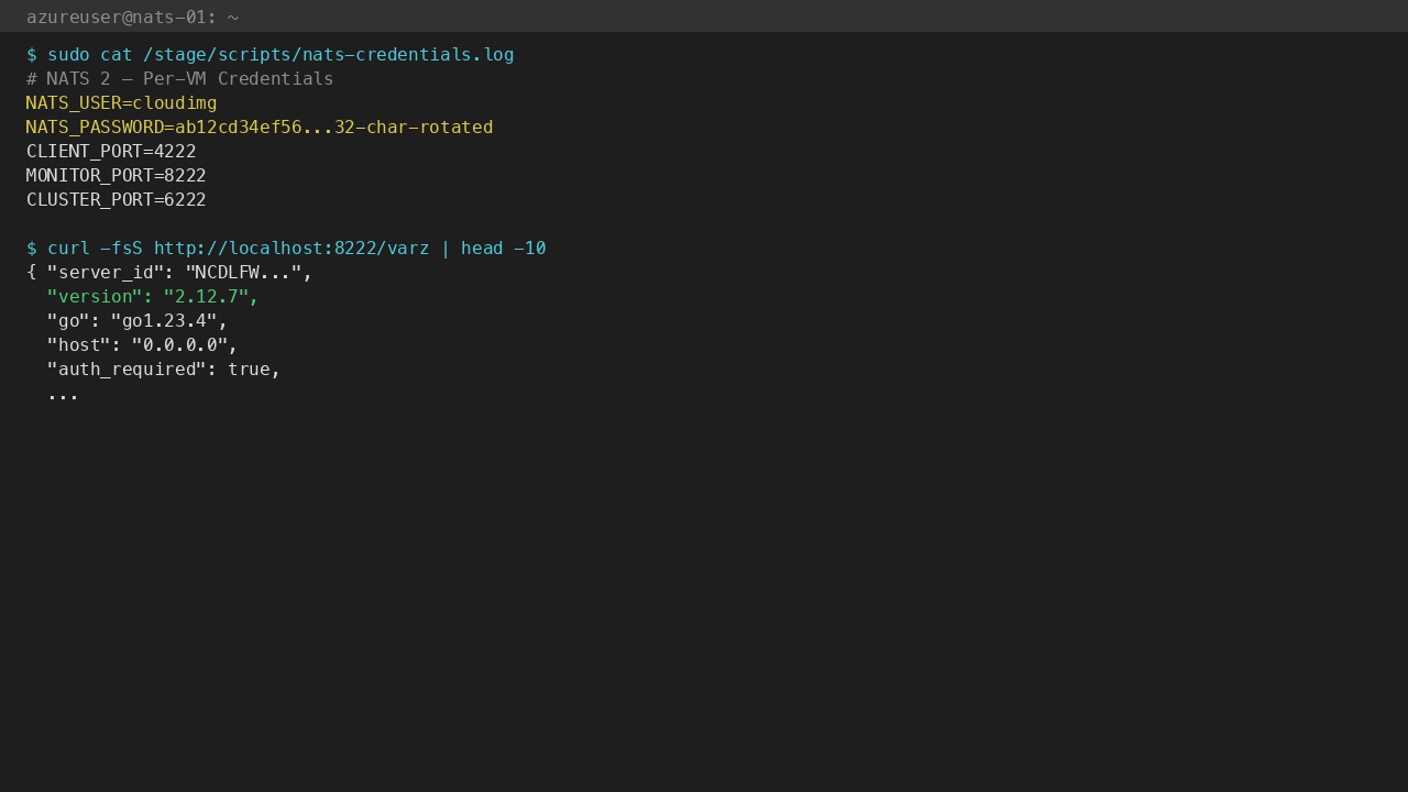Per-VM cloudimg/<NATS_PASSWORD>; /varz monitoring endpoint reports version 2.12.7 + auth_required:true