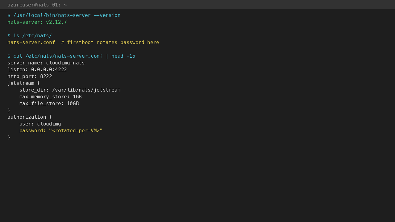 NATS Server v2.12.7; nats-server.conf with JetStream enabled and per-VM rotated cloudimg password