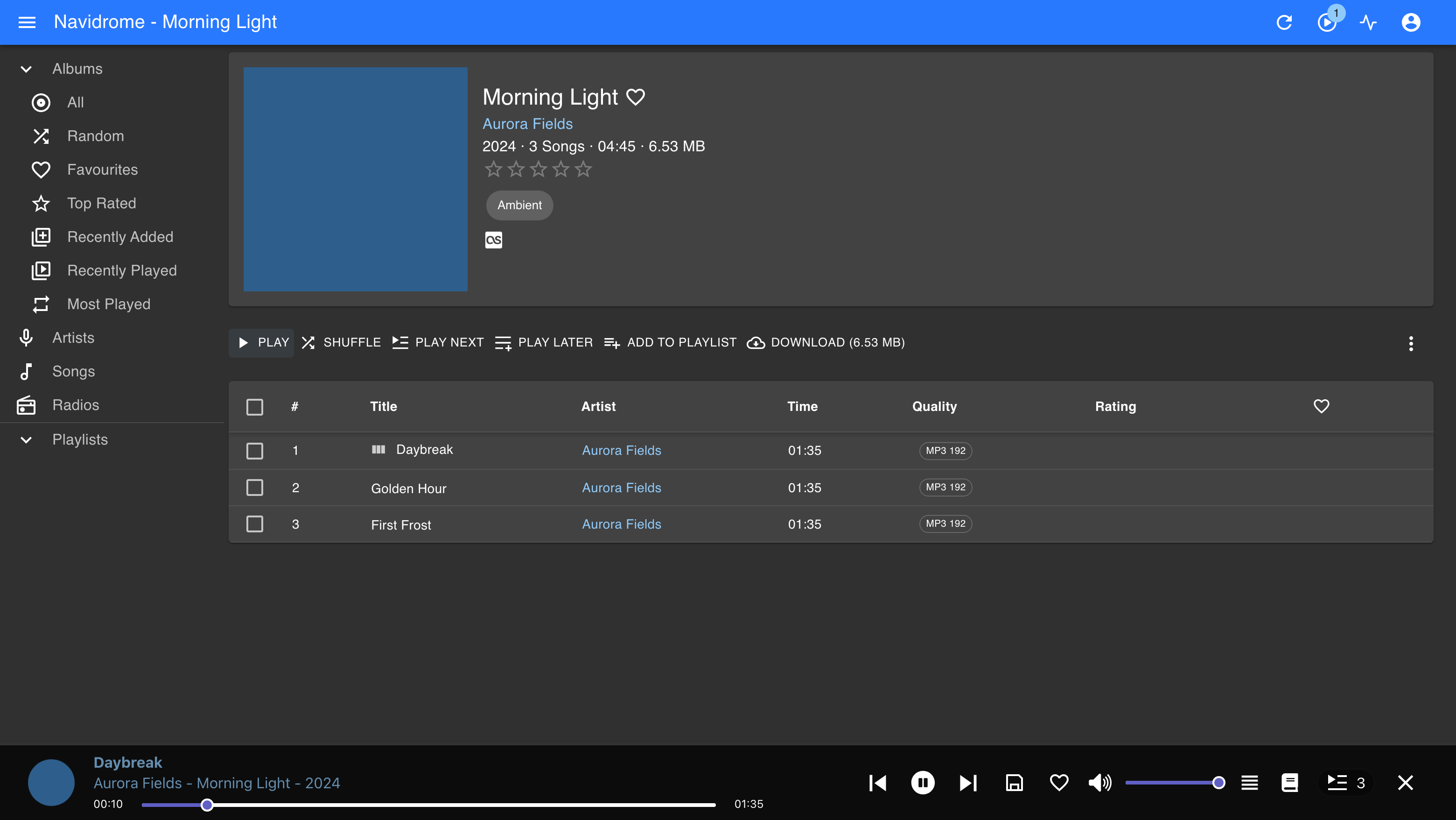 The Navidrome web player streaming a track