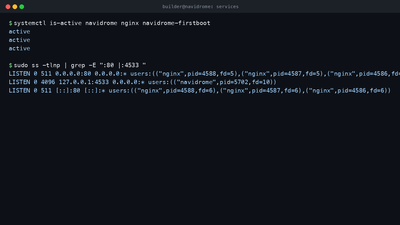 The navidrome, nginx and navidrome-firstboot services active, with nginx on port 80 and the Navidrome server bound to loopback 127.0.0.1:4533