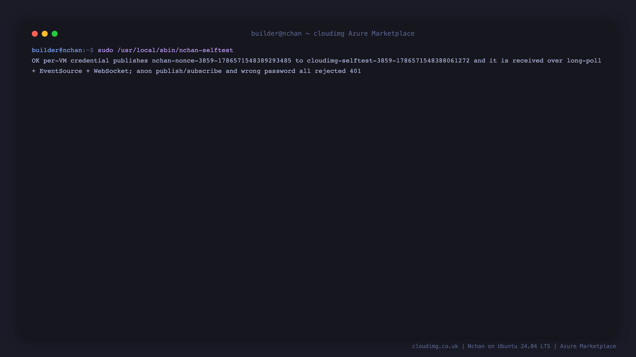 The shipped nchan selftest publishes a unique nonce with this VM's own credential and confirms it is received over long polling, EventSource and WebSocket, and that anonymous publish, anonymous subscribe and a wrong password are all rejected with 401