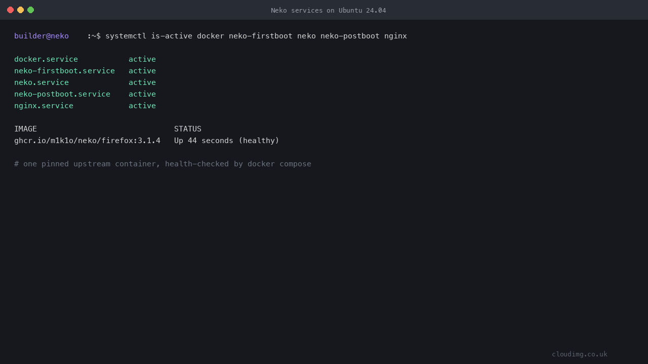 The docker, neko-firstboot, neko, neko-postboot and nginx services all active, and the pinned upstream Neko Firefox container running and reported healthy by its compose healthcheck
