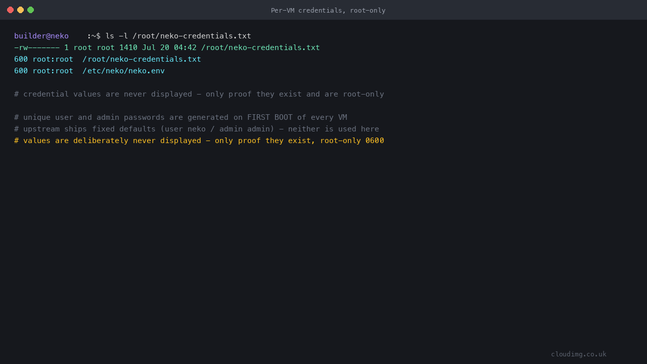 The credentials file listed with 0600 root:root permissions on both the credentials file and the environment file, demonstrating that the values exist and are root only without ever displaying them