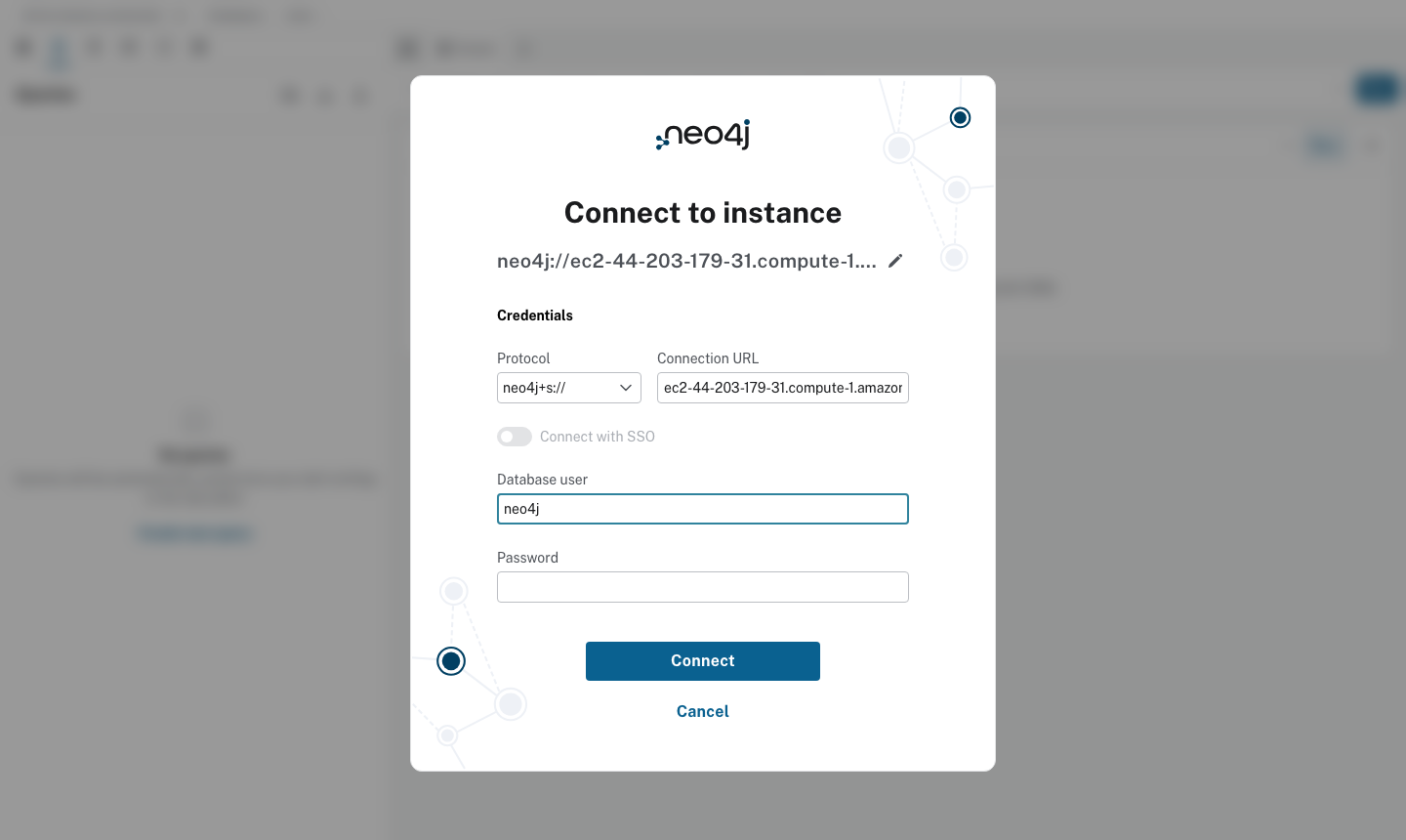 Neo4j Browser Connect to instance dialog with the neo4j+s protocol, the instance's Bolt address on port 7687 and the neo4j user
