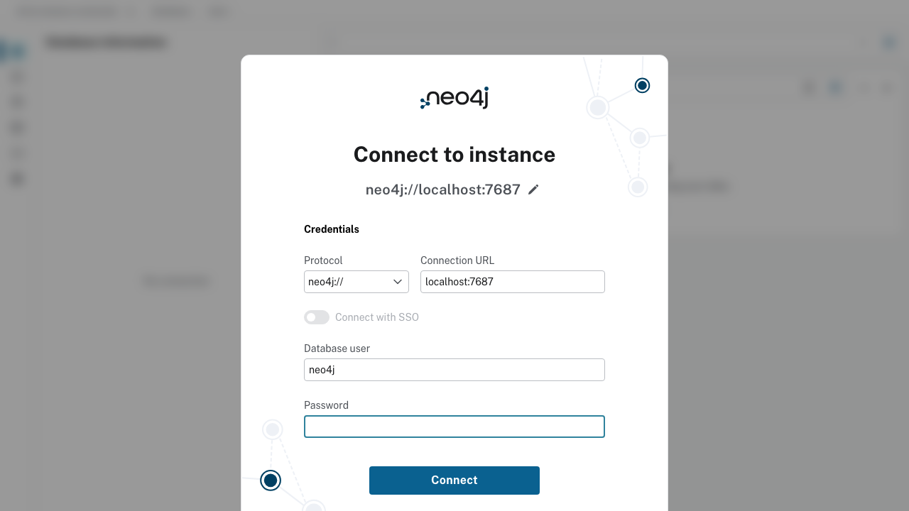 Neo4j Browser login screen — Connection URL bolt://localhost:7687, Database user neo4j, Password from /stage/scripts/neo4j-credentials.log