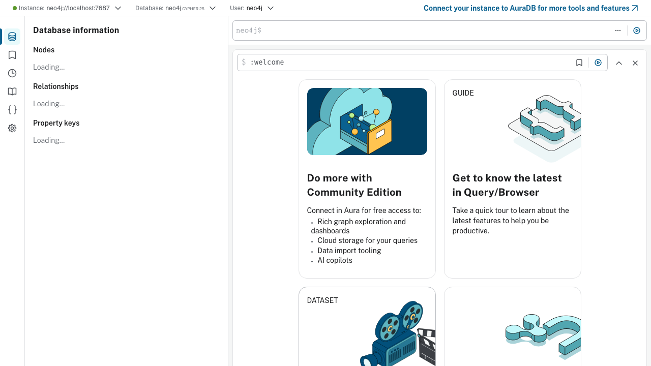 Neo4j Browser main editor after login — showing welcome panel, Cypher input editor at top, and database information sidebar
