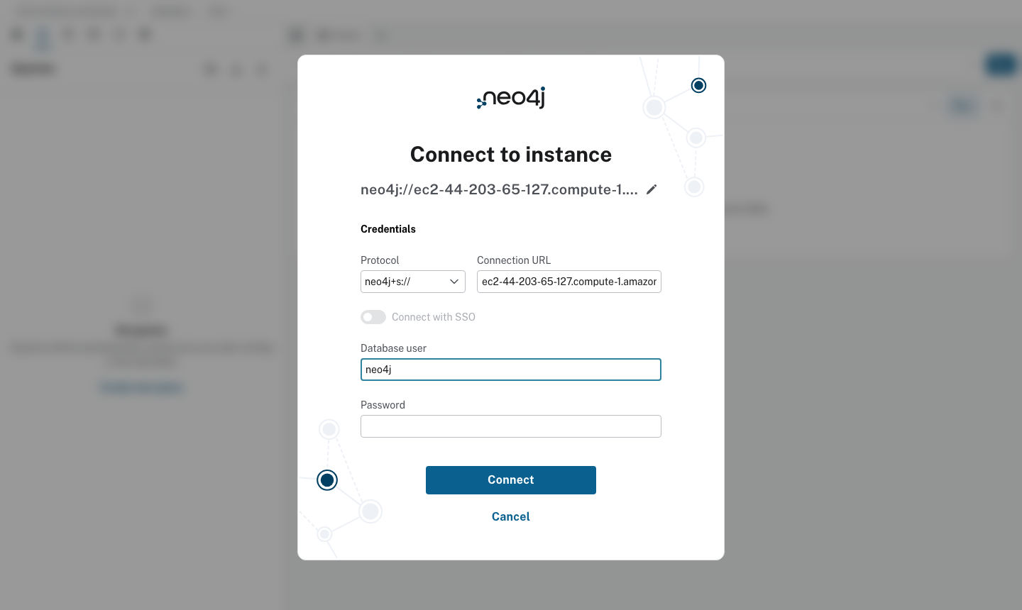 Neo4j Browser Connect to instance dialog with the neo4j+s protocol, the instance's Bolt address on port 7687 and the neo4j user