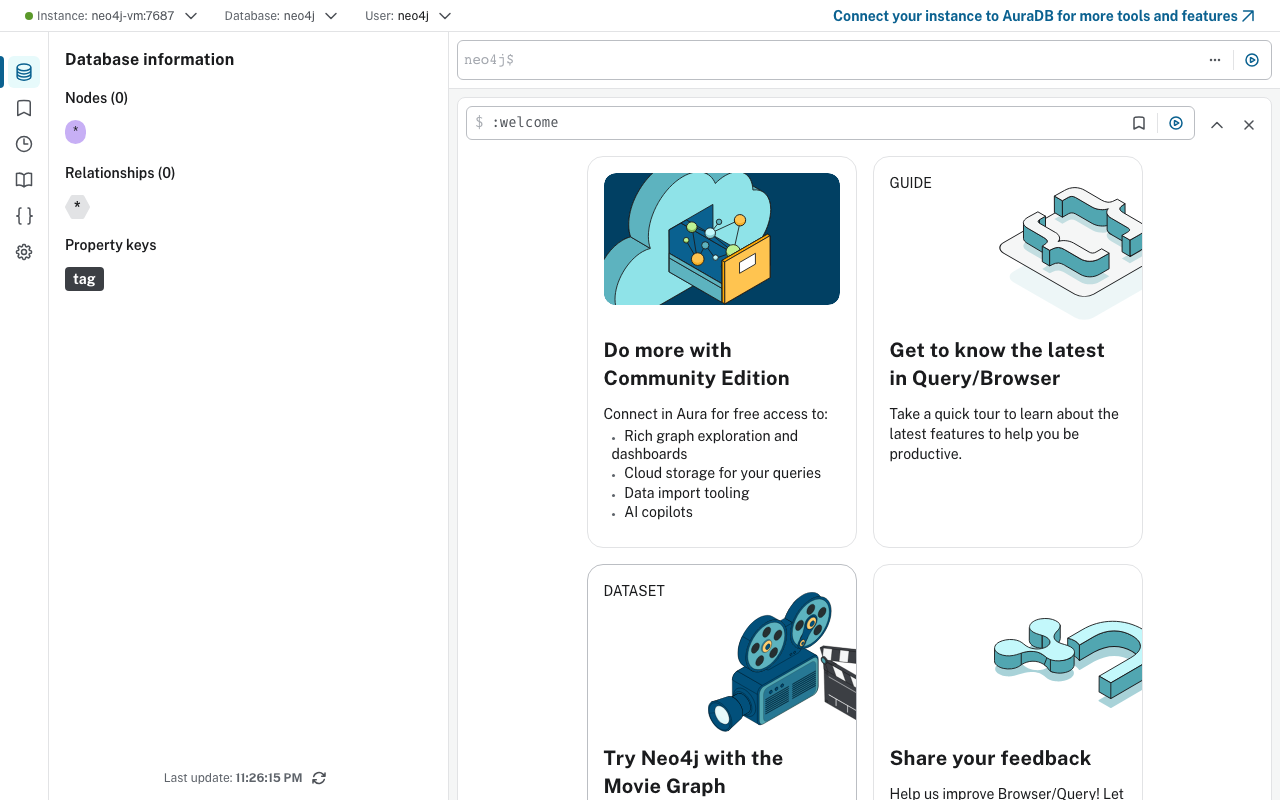 Connected Neo4j Browser workspace after the first sign-in