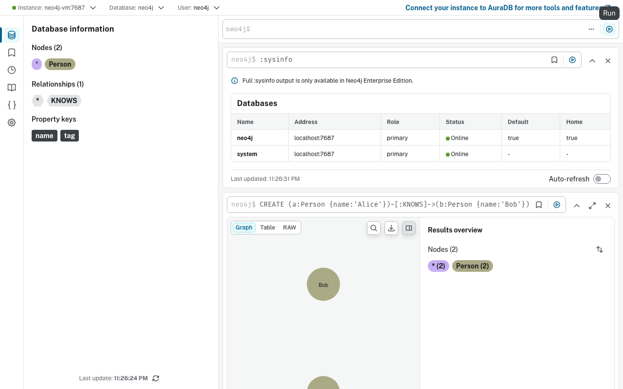 Neo4j Browser :sysinfo output showing the neo4j and system databases both online