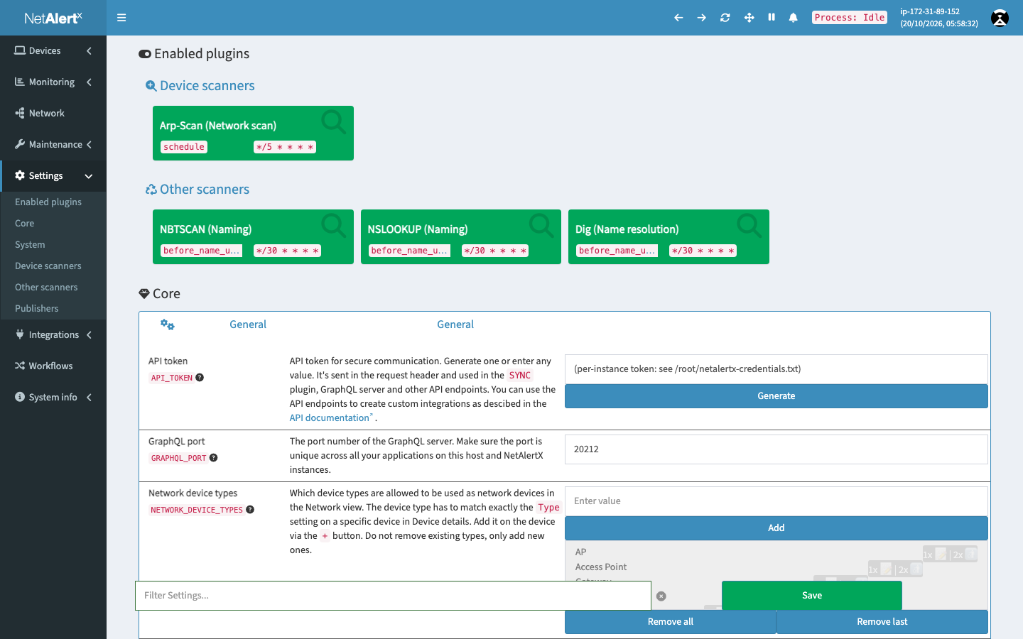 The NetAlertX settings page with the device scanners and the core settings