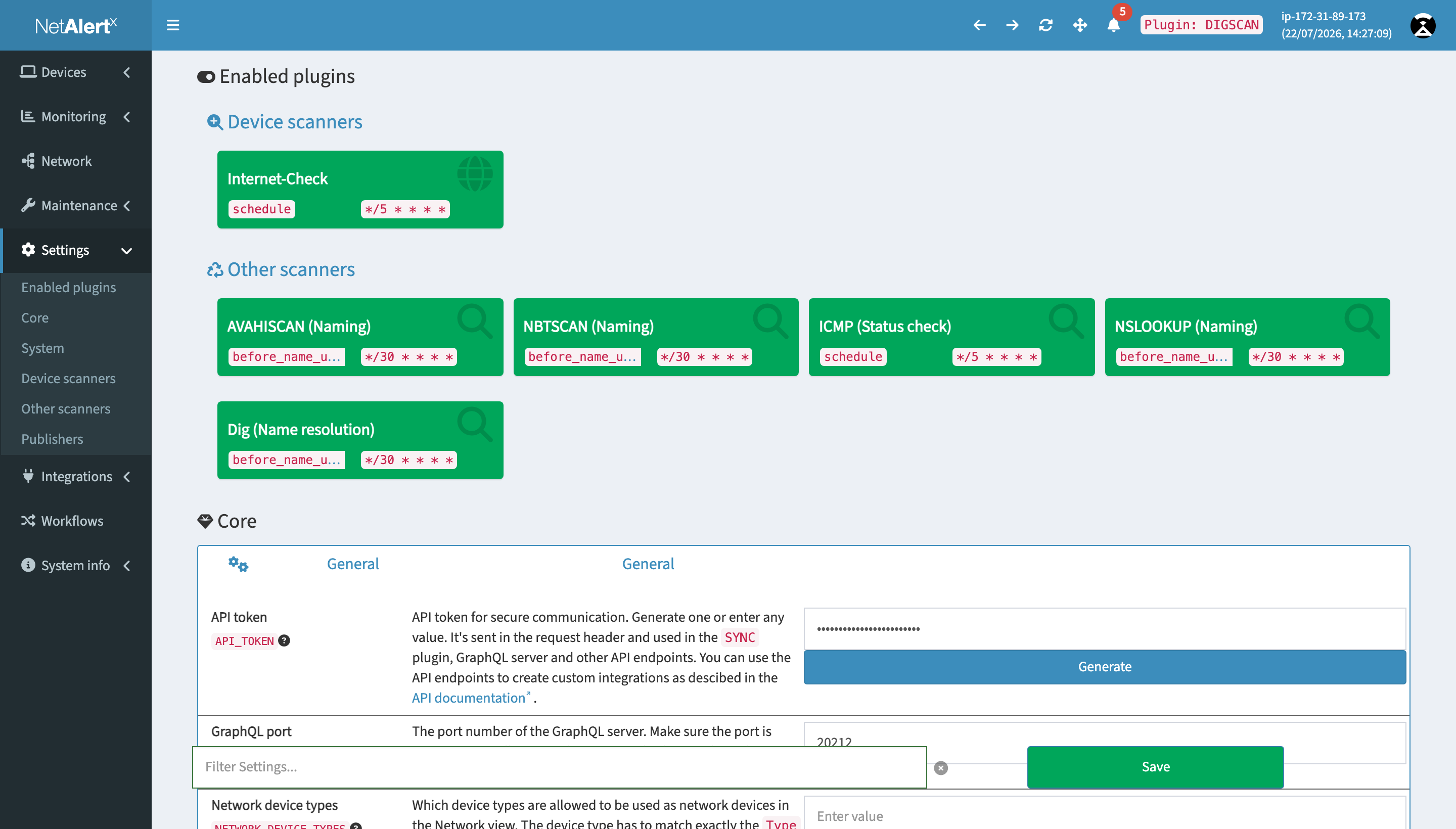 NetAlertX settings showing enabled scanner plugins and core configuration
