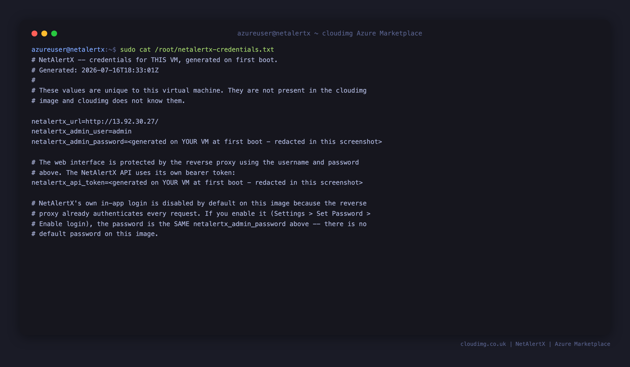 The per VM NetAlertX credentials file, showing the admin user, the generated password redacted, the API bearer token redacted, and the dashboard URL for this instance