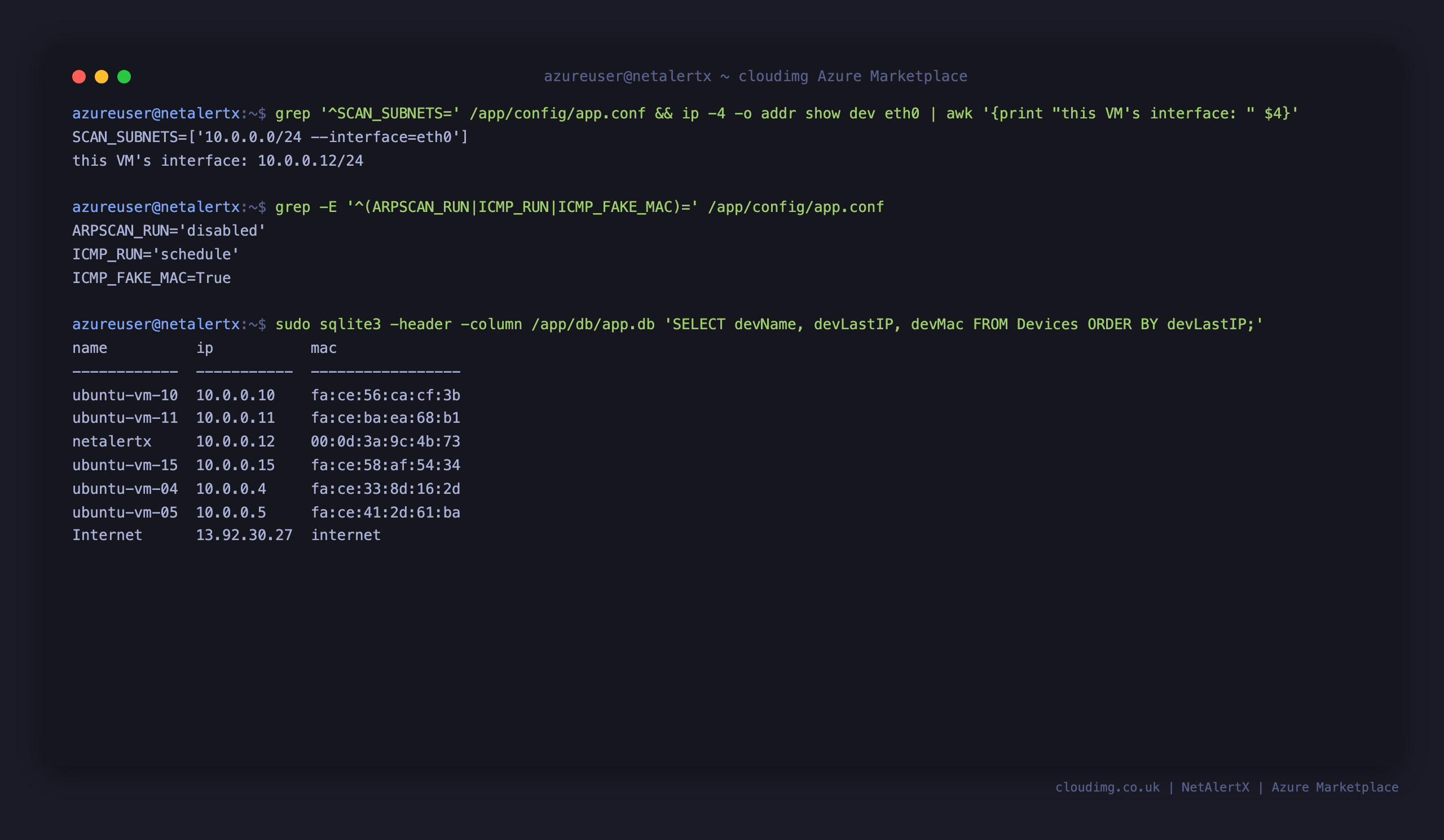 The scan scope limited to the VM's own subnet, matching the network of its own interface, with the ICMP scanner enabled and synthetic MAC addressing on for Azure virtual networks
