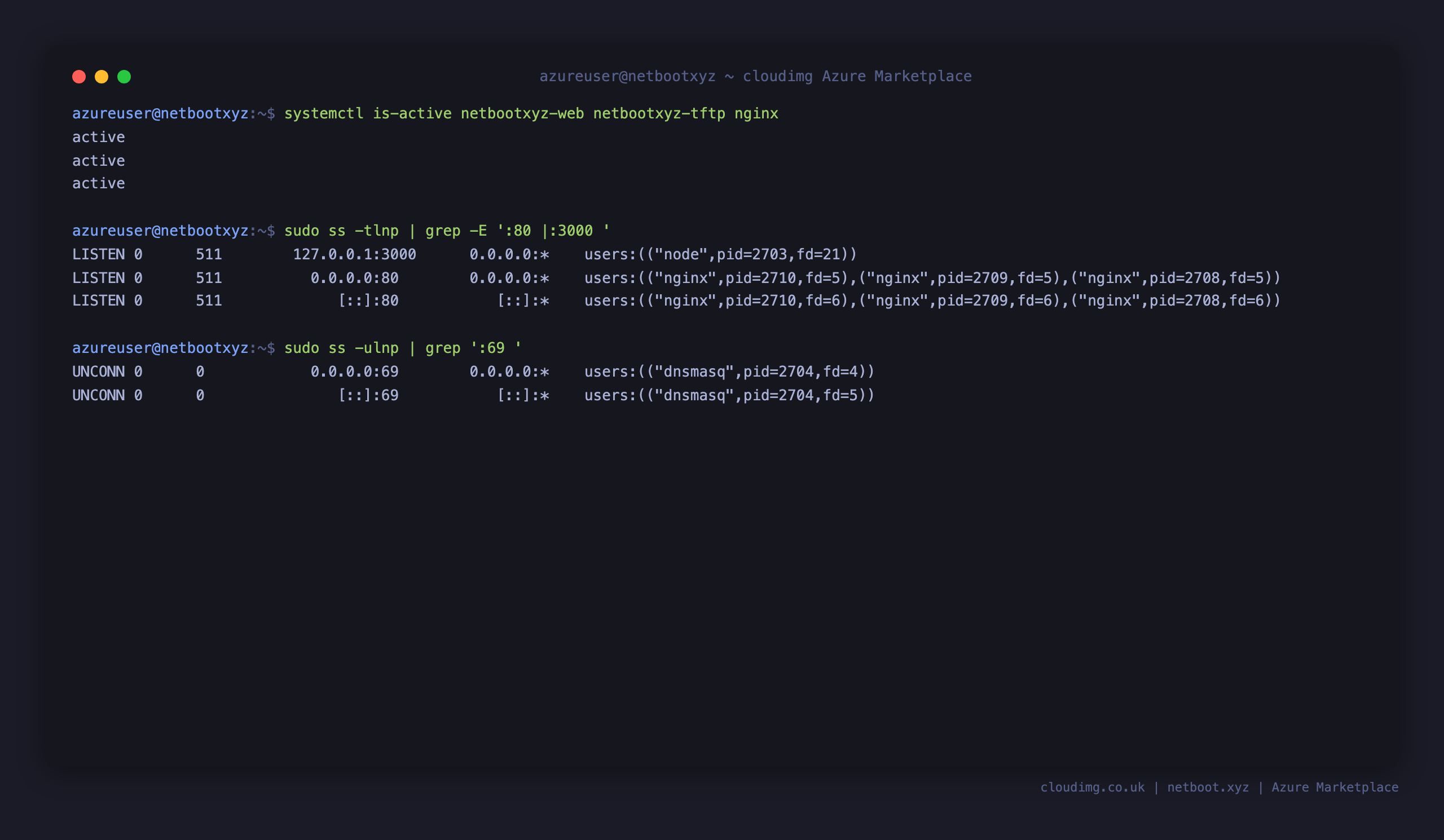 The three netboot.xyz services active, with the admin app bound to 127.0.0.1:3000, nginx on port 80 and dnsmasq serving TFTP on port 69
