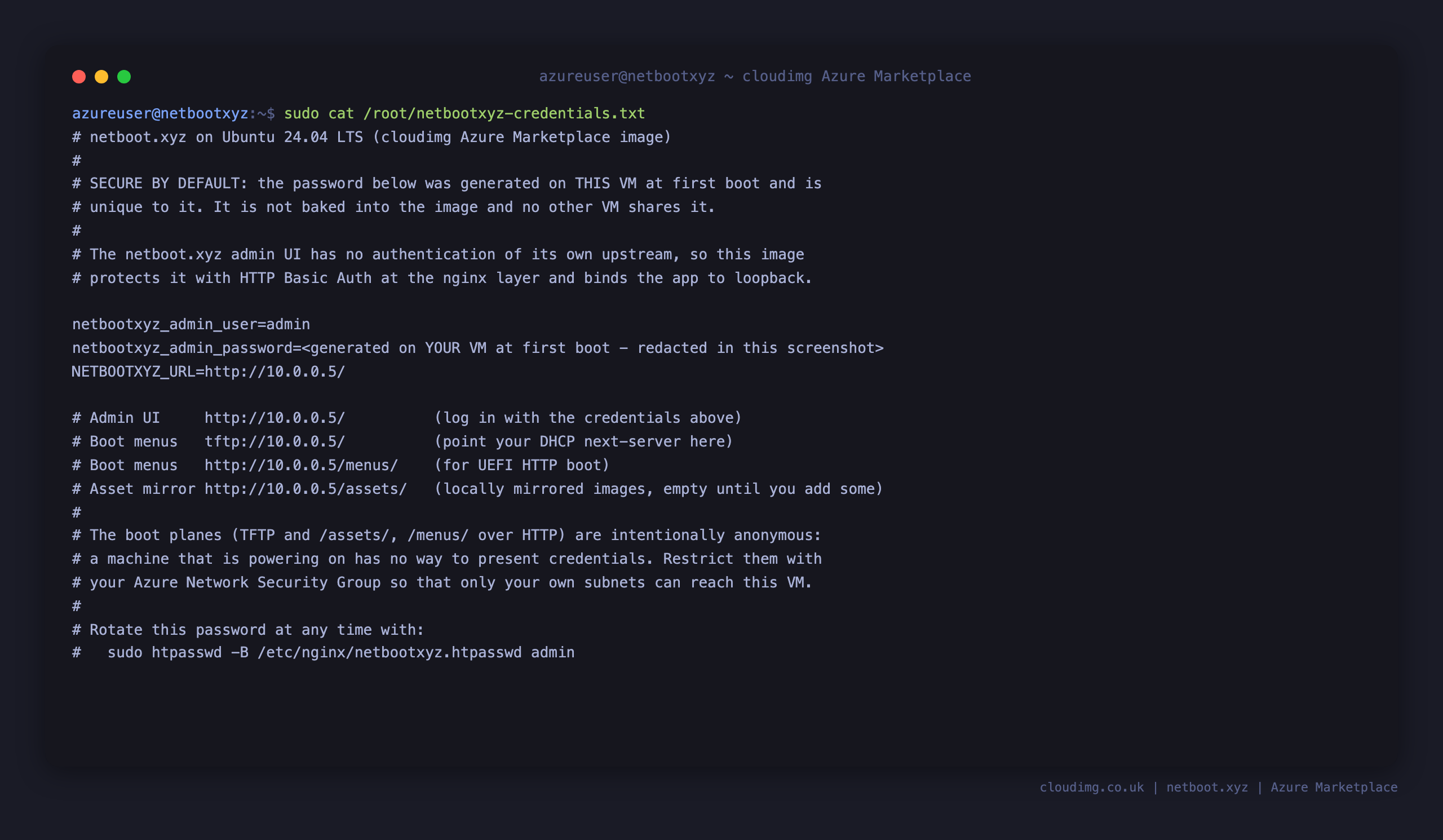The per-VM netboot.xyz credentials file, showing the admin user and the generated password redacted, plus the boot server URLs