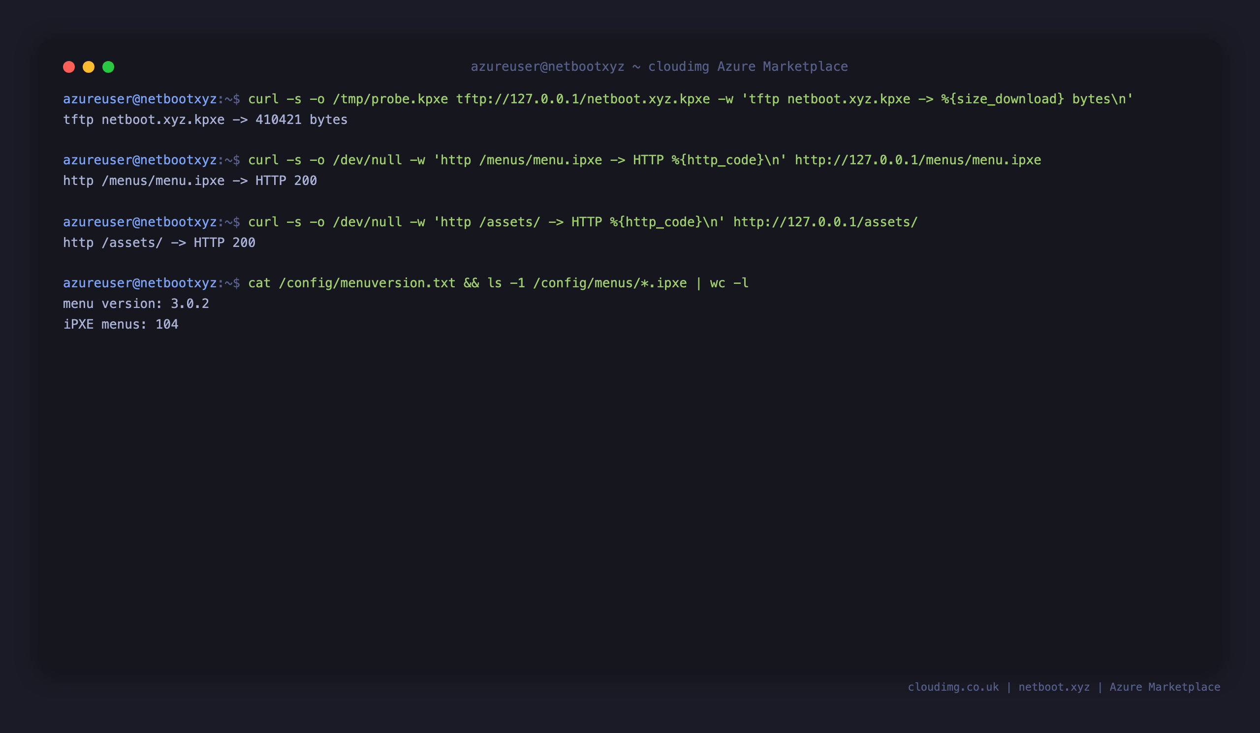 TFTP serving the netboot.xyz bootloader, the menus and asset mirror answering over HTTP, and the shipped menu tree at version 3.0.2 with 104 iPXE menus