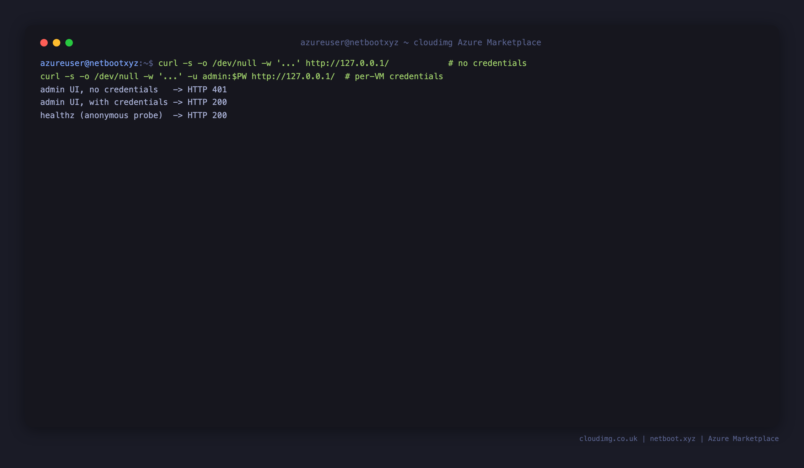 The admin UI returning 401 without credentials and 200 with the per-VM credentials, and the anonymous health endpoint returning 200