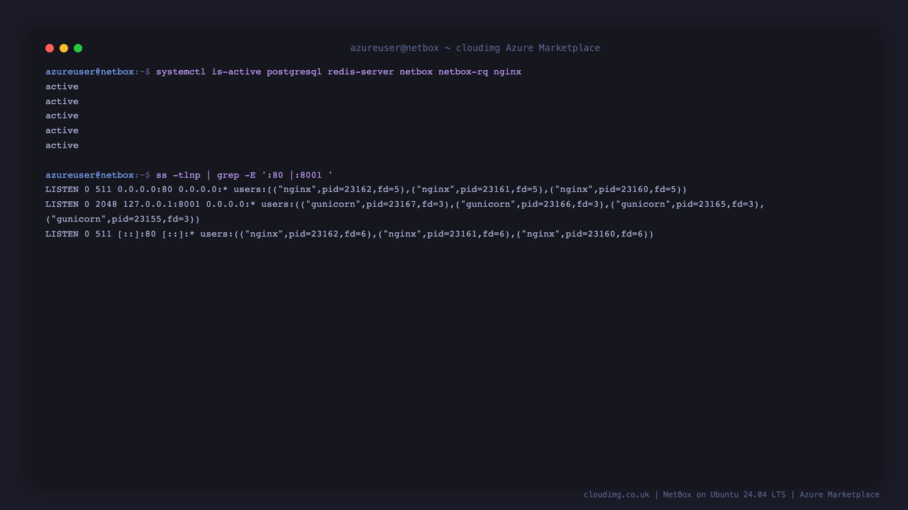 The five NetBox services reporting active and the listening ports, nginx on 80 and gunicorn on 127.0.0.1:8001