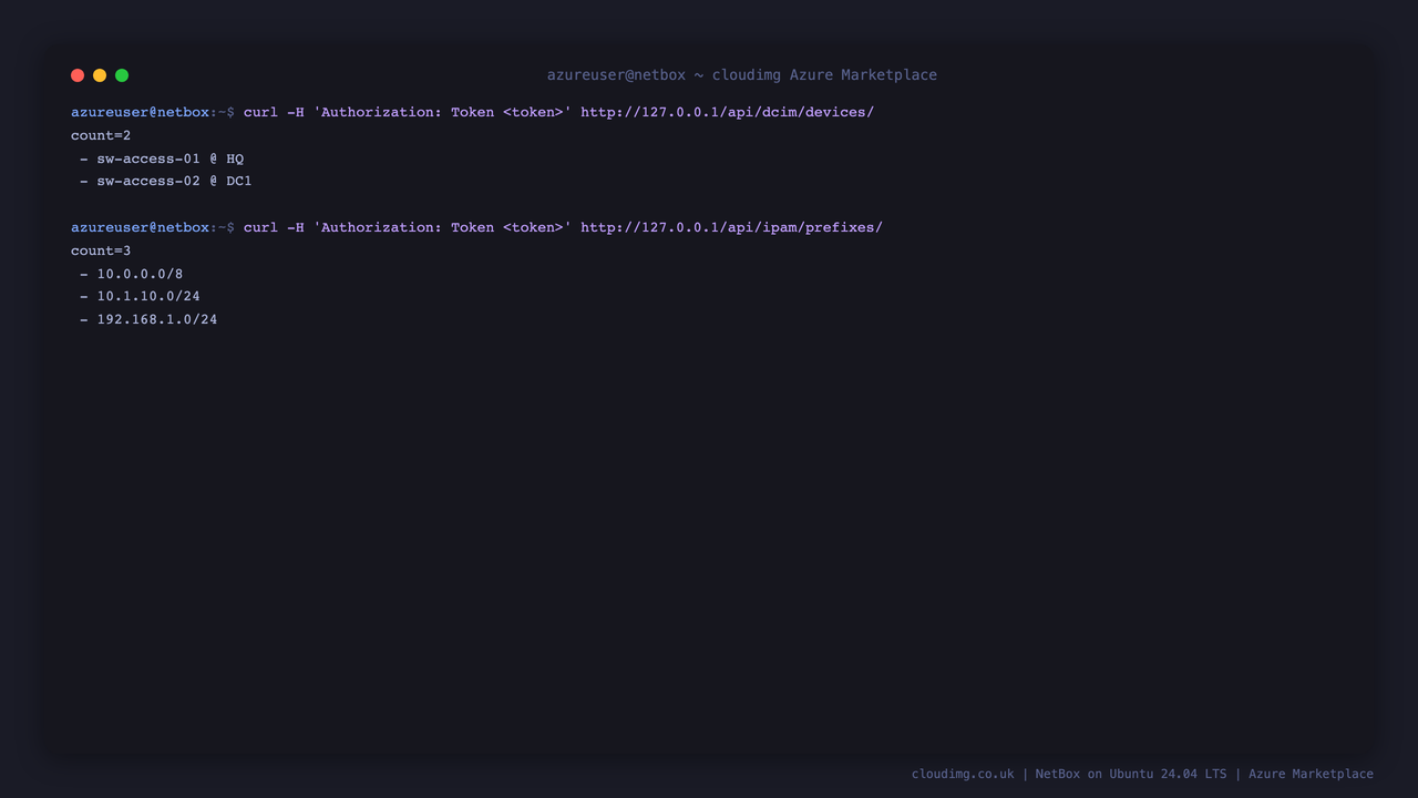 The REST API returning the example devices and prefixes when called with the per VM token