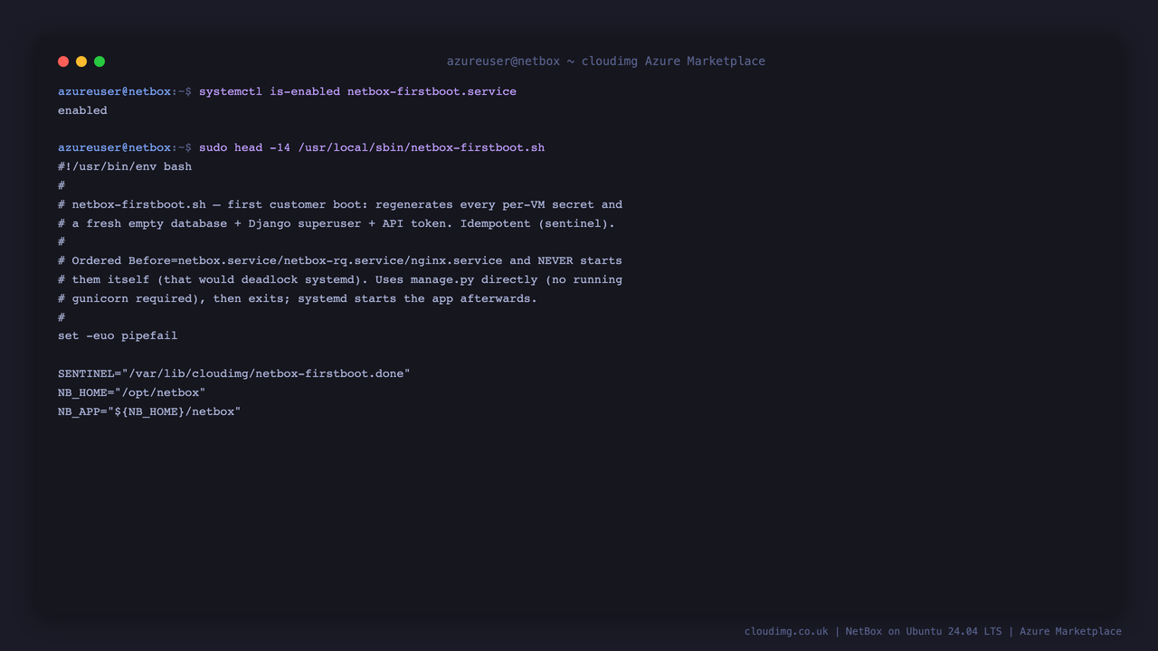 The netbox first boot service is enabled and its script header describing the per VM secret rotation