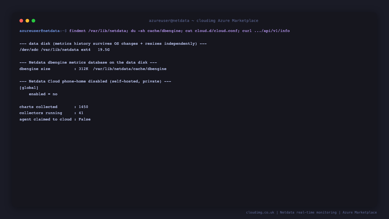 The Netdata data disk mounted at /var/lib/netdata showing the dbengine metrics database on the dedicated Azure volume and the disabled Netdata Cloud configuration