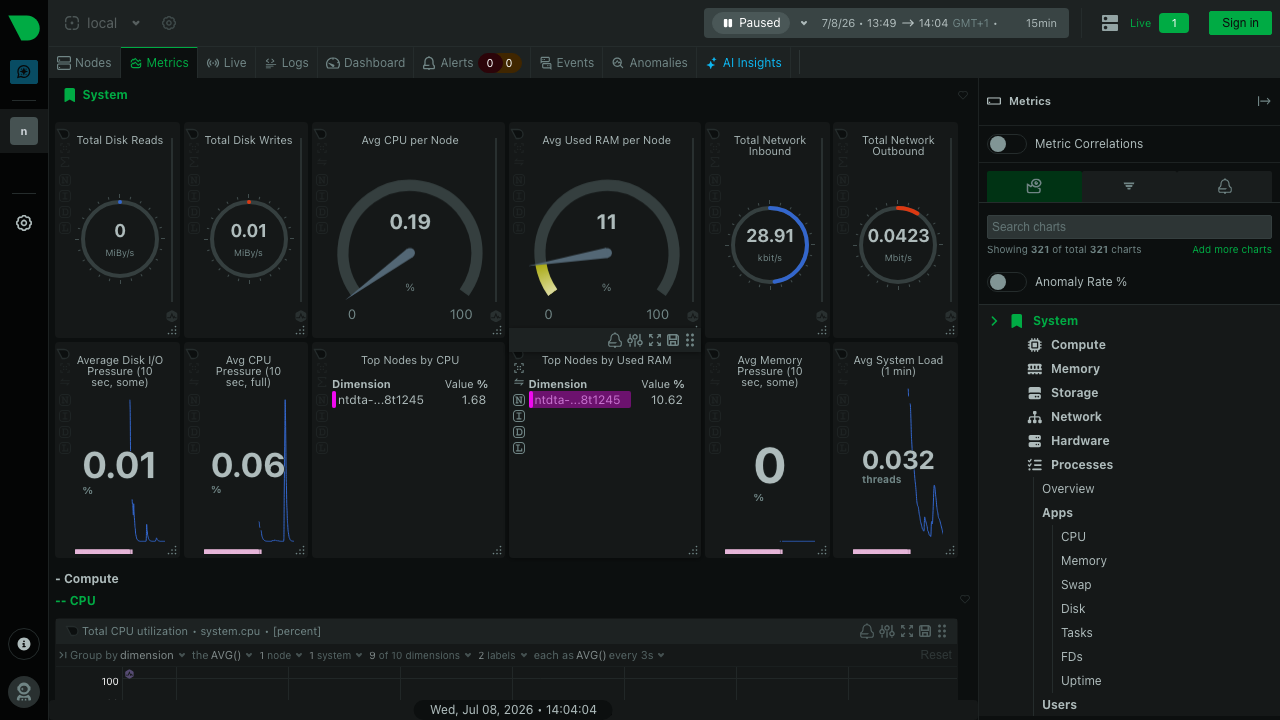 The Netdata real-time monitoring dashboard overview showing live per-second system charts for CPU, memory, disks and networking for this host