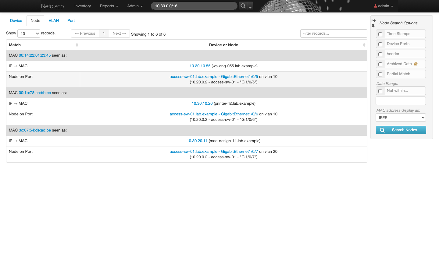 Netdisco node search showing where a MAC or IP is connected